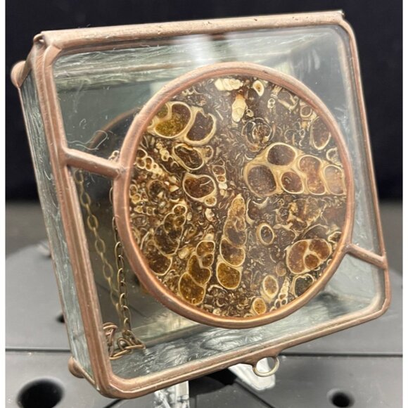 Turritella Agate / Fossil Hand Made Brass Glass Mirror Jewelry Box 1984 (2-3/4) - Picture 11 of 12